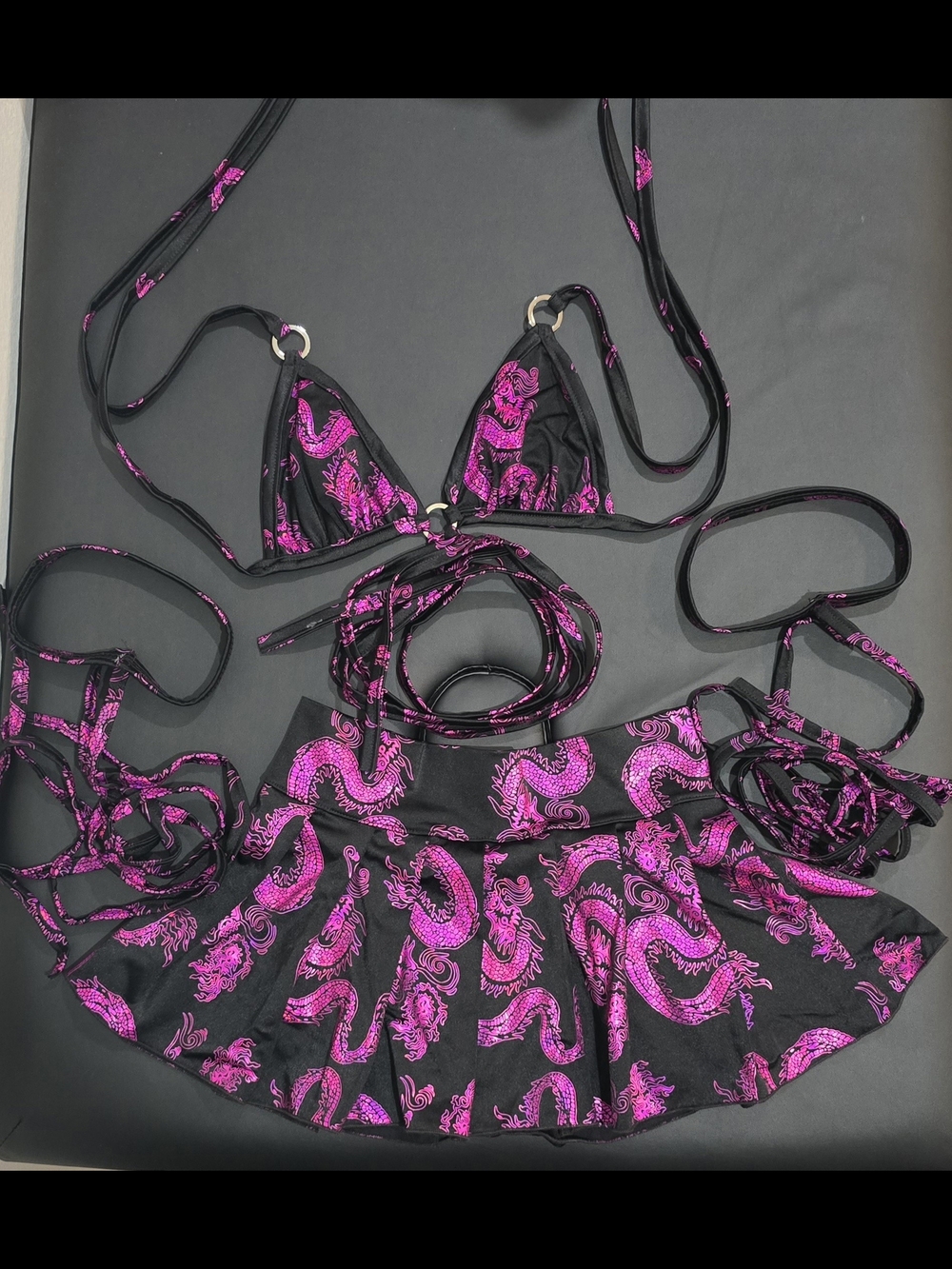 Black & Hot Pink Dragon Print Set with Skirt BODY LANGUAGE rave Festival Outfit